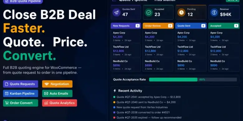 إضافة B2B Quote Pipeline, محرك العروض WooCommerce, البيع بين الشركات